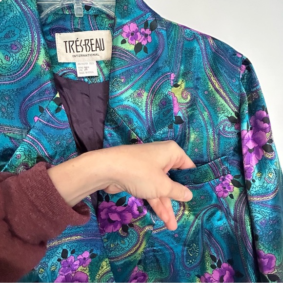 Vintage Womens Blazer Jacket Size M Single Breasted Floral Satin 80's 90's - Picture 8 of 16